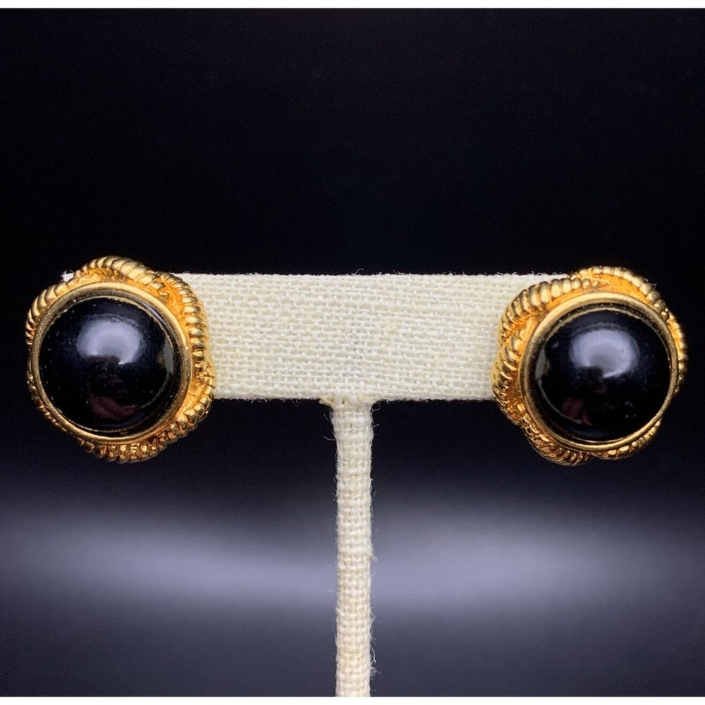 Chunky Black Plastic Cabochon Pierced Earrings Gold Tone Round Classic Vintage